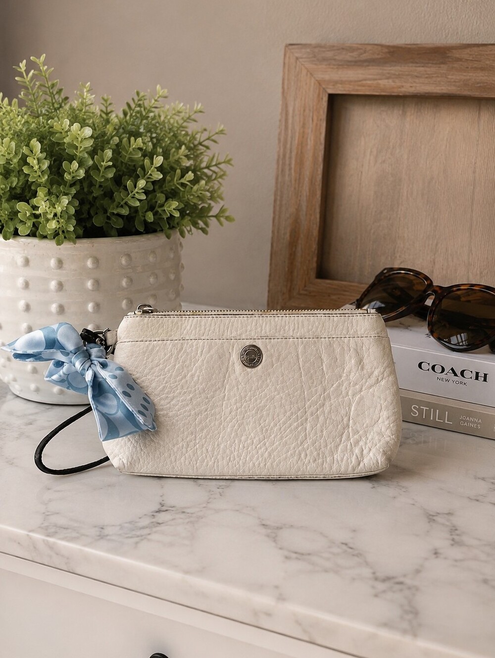 Coach Light Gray Pebbled Leather Wristlet with Blue Scarf
